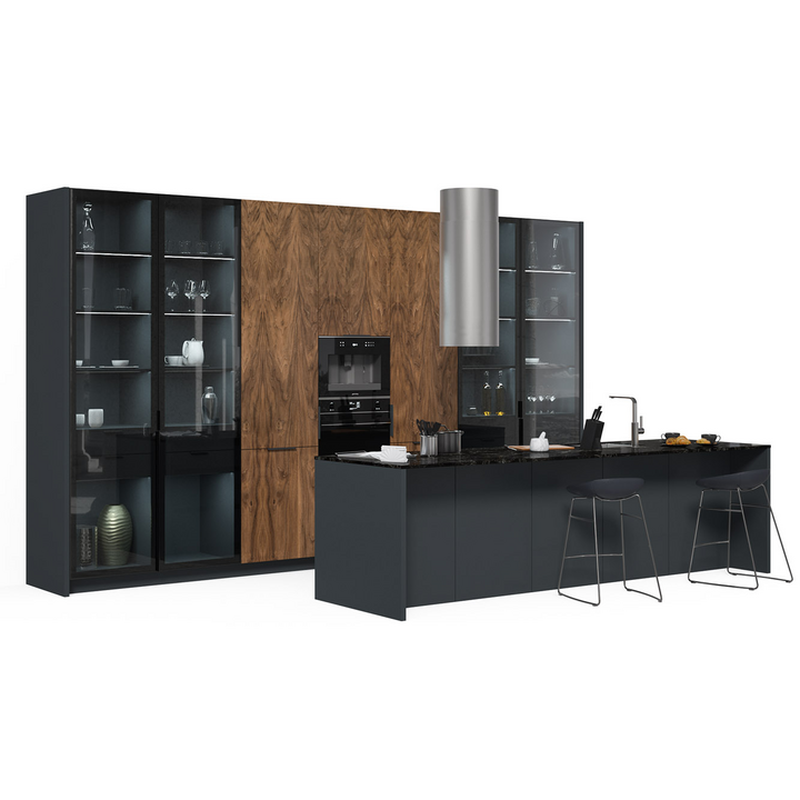 Кухня с островом, цвет – орех американский, серый и черное стекло, DE.013.011.07