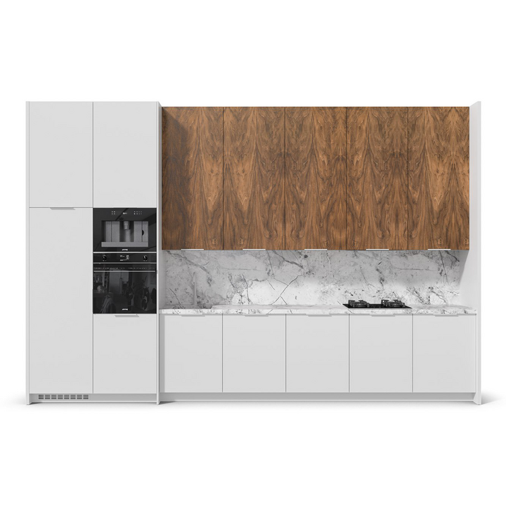 Современная прямая кухня, цвет – орех американский и белый, DE.013.006.06