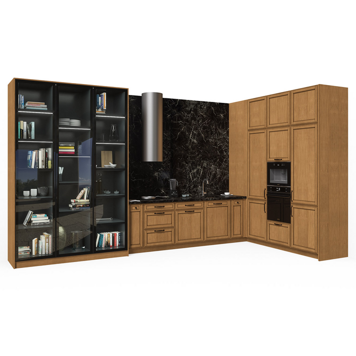 Угловая кухня, цвет – светлый дуб с коричневой патиной и черное стекло, IT.013.007.27