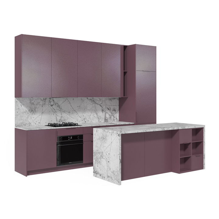 Современная прямая кухня с островом, цвет – фиолетовый, DE.013.004.41