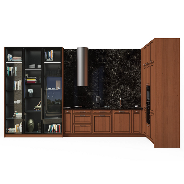 Угловая кухня, цвет – анегри с черной патиной и черное стекло, IT.013.007.06