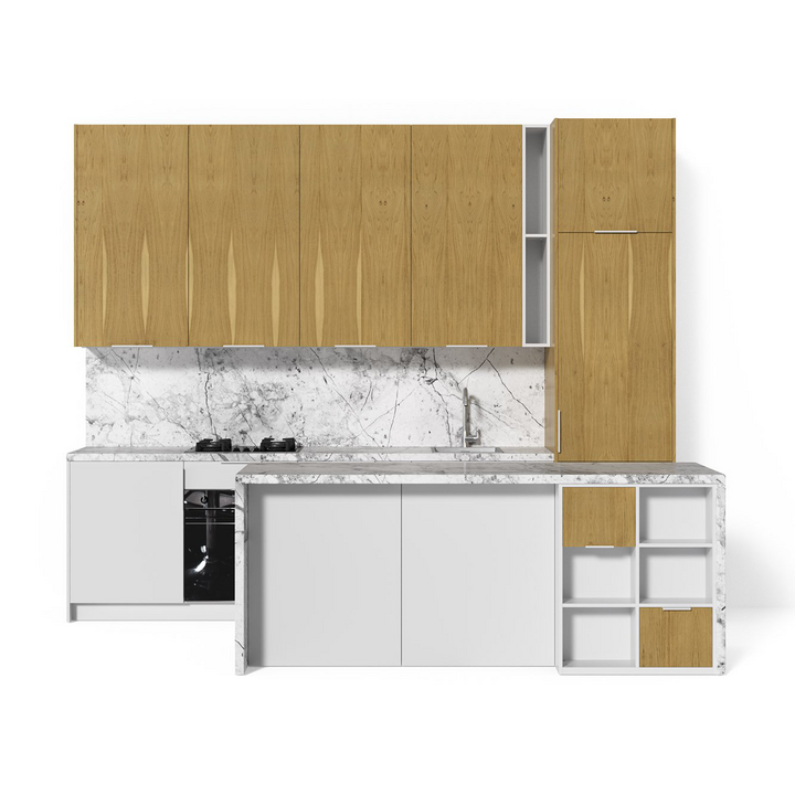Современная прямая кухня с островом, цвет – дуб и белый, DE.013.004.08