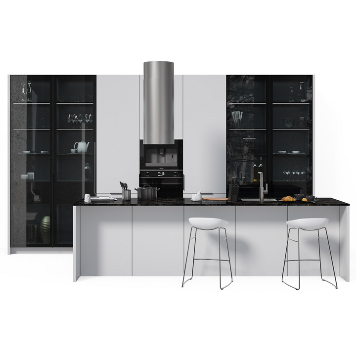 Кухня с островом, цвет – белый альпийский, диамант серый и черное стекло, DE.013.011.24