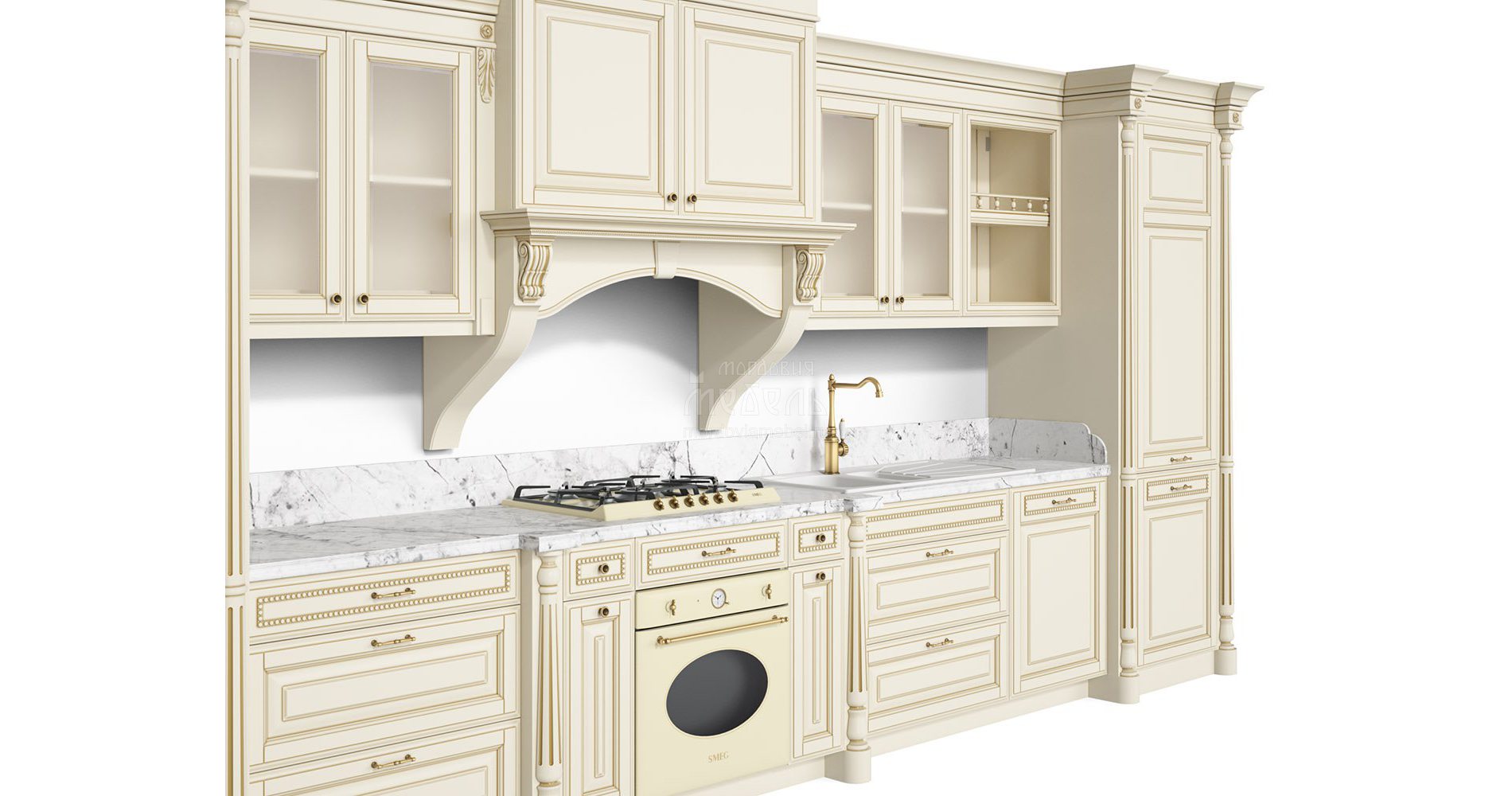 белые кухни с золотой патиной в классическом стиле