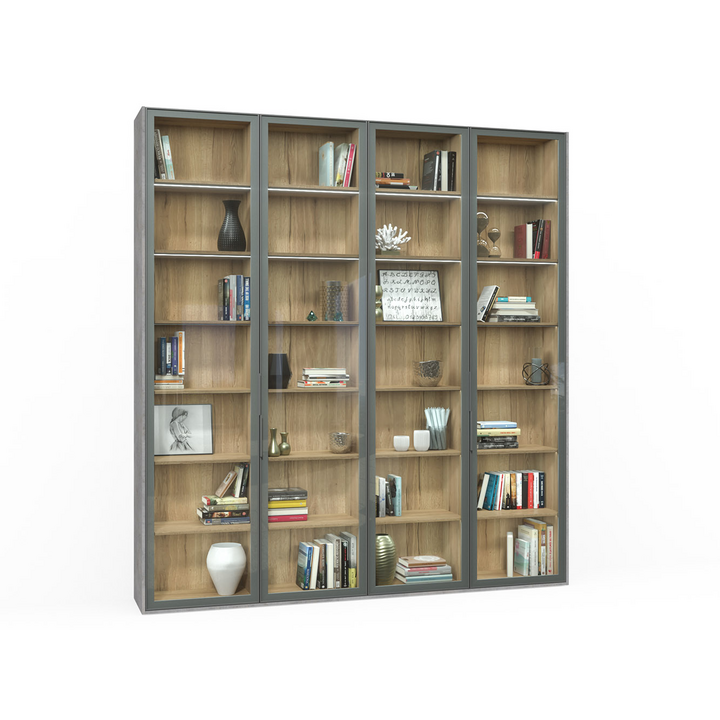 Шкаф с полками, цвет – дуб галифакс натуральный, бетон чикаго светло-серый и бесцветное стекло, DE.012.010.20