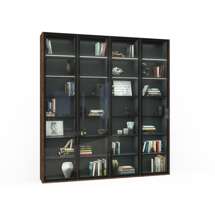 Шкаф с полками, цвет – орех американский, серый и черное стекло, DE.012.010.07