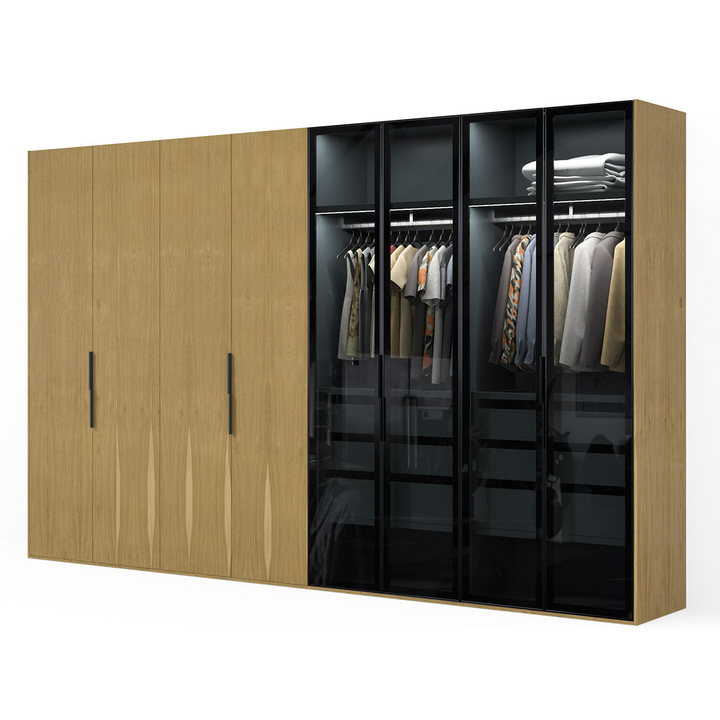 Распашной шкаф для одежды, цвет – дуб, серый и черное стекло, DE.001.016.09