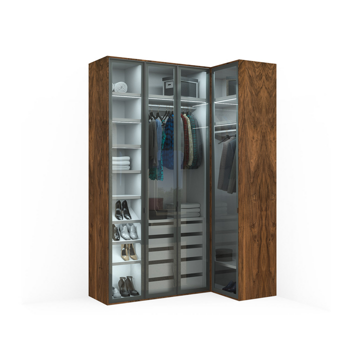 Угловой шкаф, цвет – орех американский, белый и бесцветное стекло, DE.001.021.06