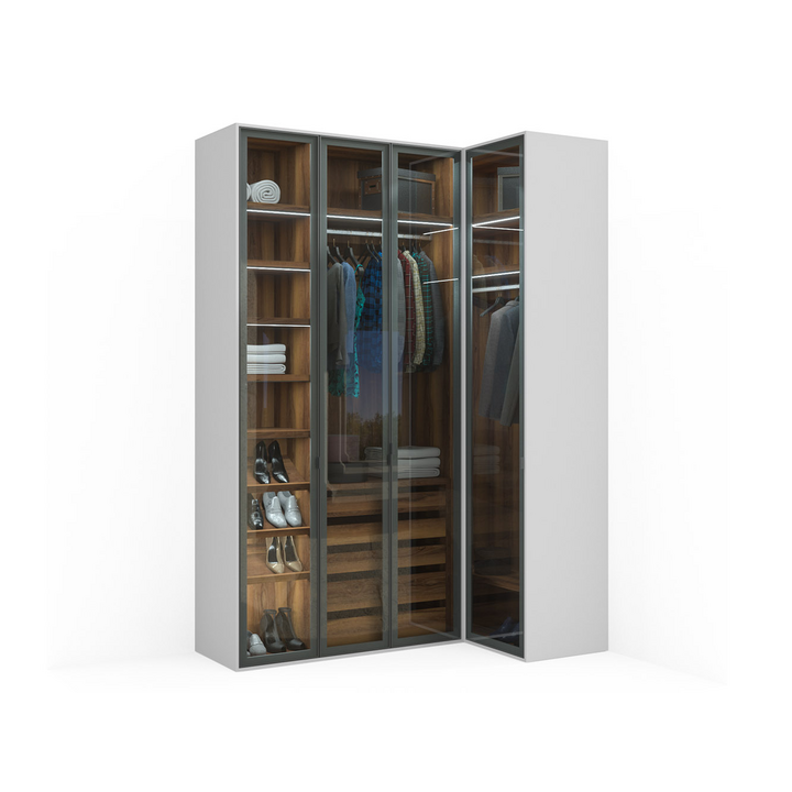 Угловой шкаф, цвет – груша тирано, белый альпийский и бесцветное стекло, DE.001.021.22