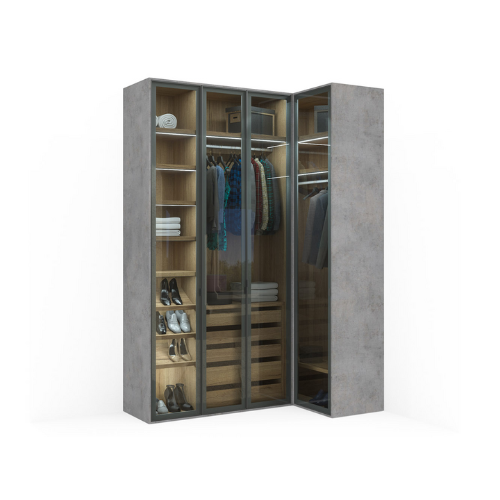 Угловой шкаф, цвет – дуб галифакс натуральный, бетон чикаго светло-серый и бесцветное стекло, DE.001.021.20