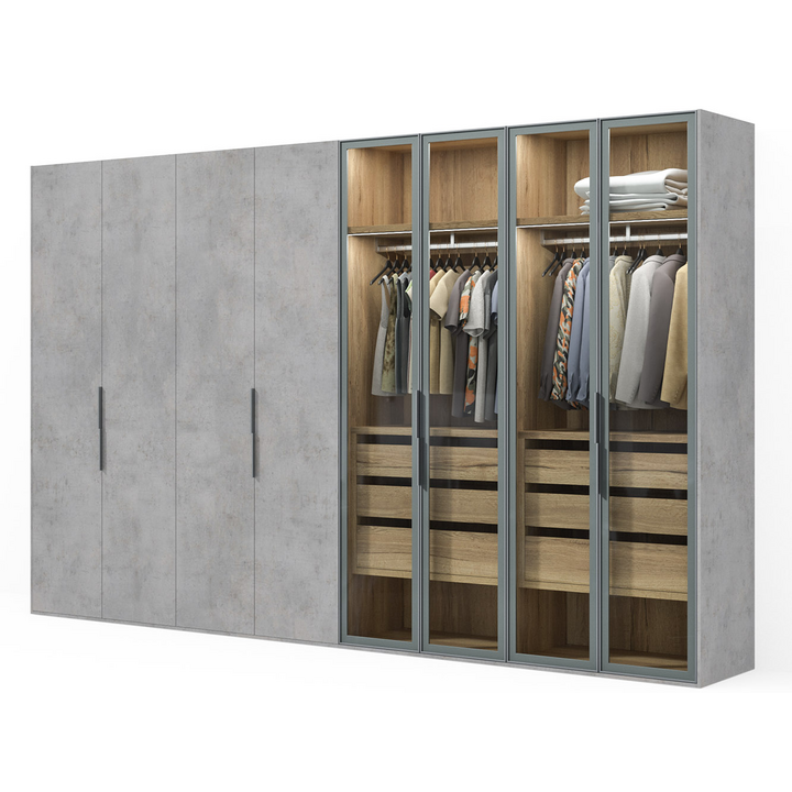 Распашной шкаф для одежды, цвет – дуб галифакс натуральный, бетон чикаго светло-серый и бесцветное стекло, DE.001.016.20