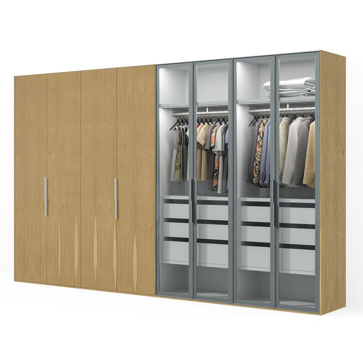 Распашной шкаф для одежды, цвет – дуб, белый и бесцветное стекло, DE.001.016.08