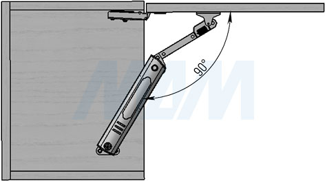 Угол открывания фасада 90 градусов при использовании подъемного механизма FLAP LIGHT (артикул FL317)