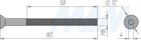 Размеры мебельного винта M6x80 мм с потайной головкой под шестигранник (артикул 502-05 (M6X80))