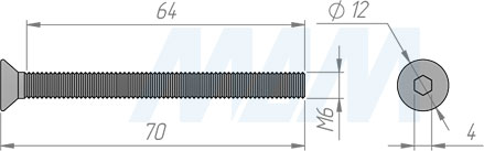 Размеры винта M6x70 мм с потайной головкой под шестигранник (артикул 503-05 (M6X70))