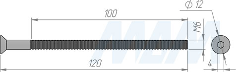 Размеры винта M6x120 мм с потайной головкой под шестигранник (артикул 504-05 (M6X120))