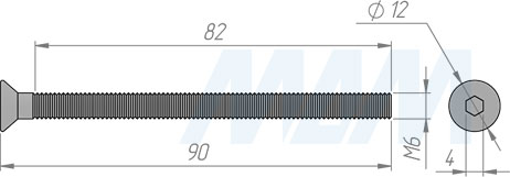 Размеры винта M6x90 мм с потайной головкой под шестигранник (артикул 505-05 (M6X90))