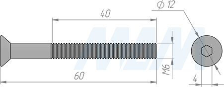 Размеры винта M6x60 мм с потайной головкой под шестигранник (артикул 506-05 (M6X60))