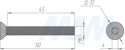 Размеры винта M6x50 мм с потайной головкой под шестигранник (артикул 507-05 (M6X50))