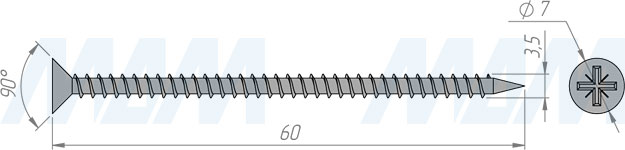 Размер самореза 3,5x60 мм с потайной головкой под крест (артикул CHS 3,5 X 60)