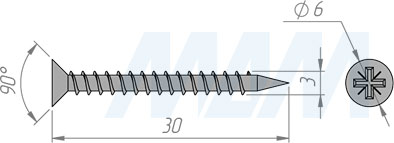 Размер самореза 3x30 мм с потайной головкой под крест (артикул CHS 3,0 X 30)