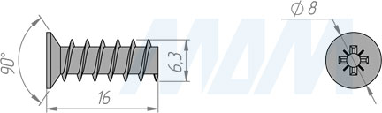 Размеры евровинта 6,3x16 мм с потайной головкой (артикул EC 6.3X16.0)