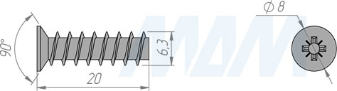 Размеры евровинта 6,3x20 мм с потайной головкой (артикул EC 6.3X20.00)