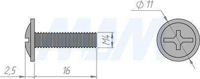 Размеры винта M4х16 мм с полукруглой головкой под крест (артикул HS M4 X16)