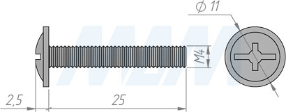 Размеры винта M4х25 мм с полукруглой головкой под крест (артикул HS M4 X25)