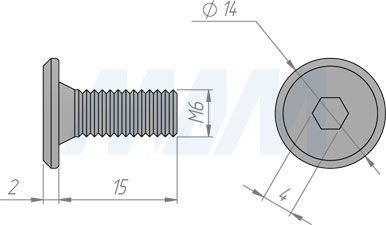 Размер винта М6х15 мм с плоской головкой под шестигранник (артикул HXS M6 X15 FL)