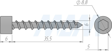 Размеры самореза 6x35 мм с цилиндрической головкой и внутренним шестигранником (артикул SW6,0 X 35 KB)