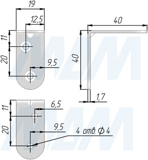 Размеры монтажного уголка, 40х19 мм (артикул UM40X19)