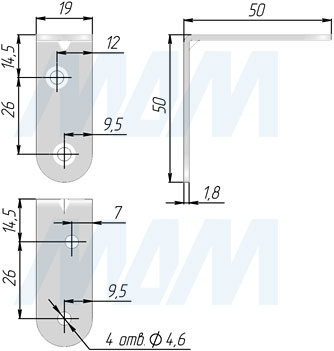 Размеры монтажного уголка, 50х19 мм (артикул UM50X19)