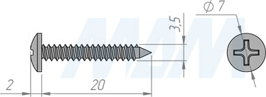 Размер самореза 3,5x20 мм с полукруглой головкой под крест (артикул UW3,5 X 20 KB)