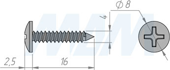 Размер самореза 4x16 мм с полукруглой головкой под крест (артикул UW4,0 X 16 KB)