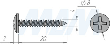 Размер самореза 4x20 мм с полукруглой головкой под крест (артикул UW4,0 X 20 KB)