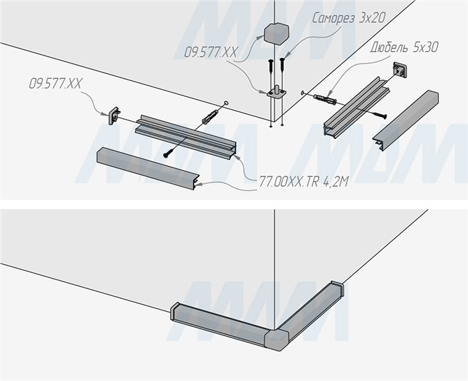 Монтаж внешнего угла квадратного алюминиевого плинтус (артикул 77 TR)