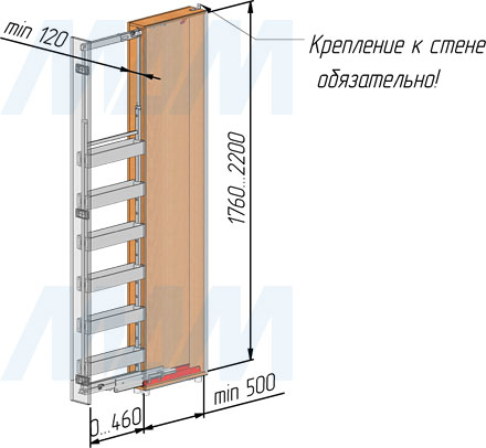 Установка корзины LAMINA для крепления к выдвижной раме для фасада шириной 150 мм (артикул CC15LGM)