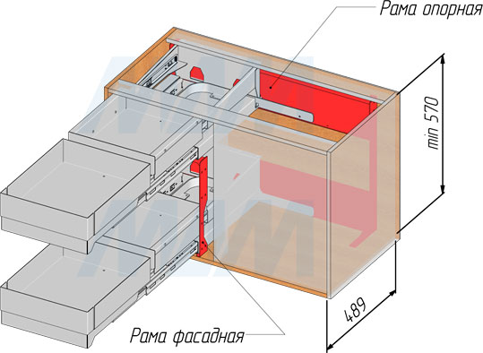 Размеры корпуса для установки углового механизма LAMINA FLYBOX (артикул FLYB45LGMNP)