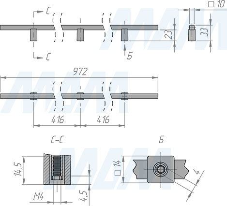 Размеры ручки-скобы с межцентровым расстоянием 416/832 мм и длиной 972 мм (артикул 3694.927)