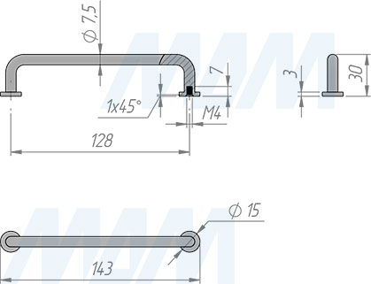 Размеры ручки-скобы с межцентровым расстоянием 128 мм (артикул BH.24.128)