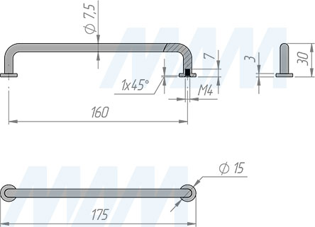 Размеры ручки-скобы с межцентровым расстоянием 160 мм (артикул BH.24.160)