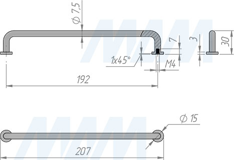 Размеры ручки-скобы с межцентровым расстоянием 192 мм (артикул BH.24.192)
