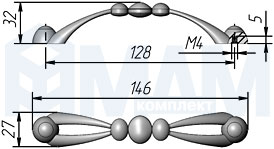 Размеры ручки-скобы GIULIA с межцентровым расстоянием 128 мм (артикул GIU.128)