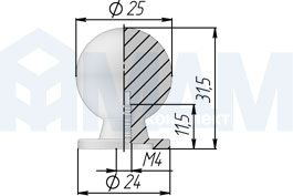 Размеры ручки-кнопки диаметром 25 мм (артикул GN32)