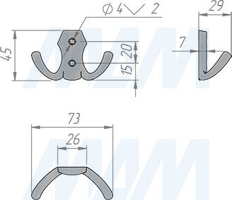 Размеры двухрожкового крючка (артикул HK.04)