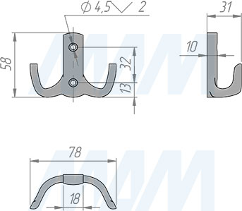 Размеры двухрожкового крючка (артикул HK.18)