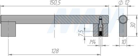 Размеры ручки-рейлинга с межцентровым расстоянием 128 мм (артикул RH.02.128)