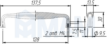 Размеры ручки-скобы SCANDI с межцентровым расстоянием 128 мм (артикул UP16.128)
