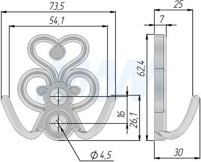 Размеры двухрожкового крючка ROME (артикул WAP.802)